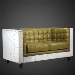 Aviator 2-Seater Sofa in Olive Green Top Grain Leather – Industrial Riveted Aluminum Loveseat - Aircraft Style Couch, Modern Office Decor