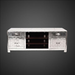 Aviator Aluminum TV Unit - Industrial Riveted Metal Media Console with Storage Drawers & Shelves - Spitfire Media Cabinet for Home Office
