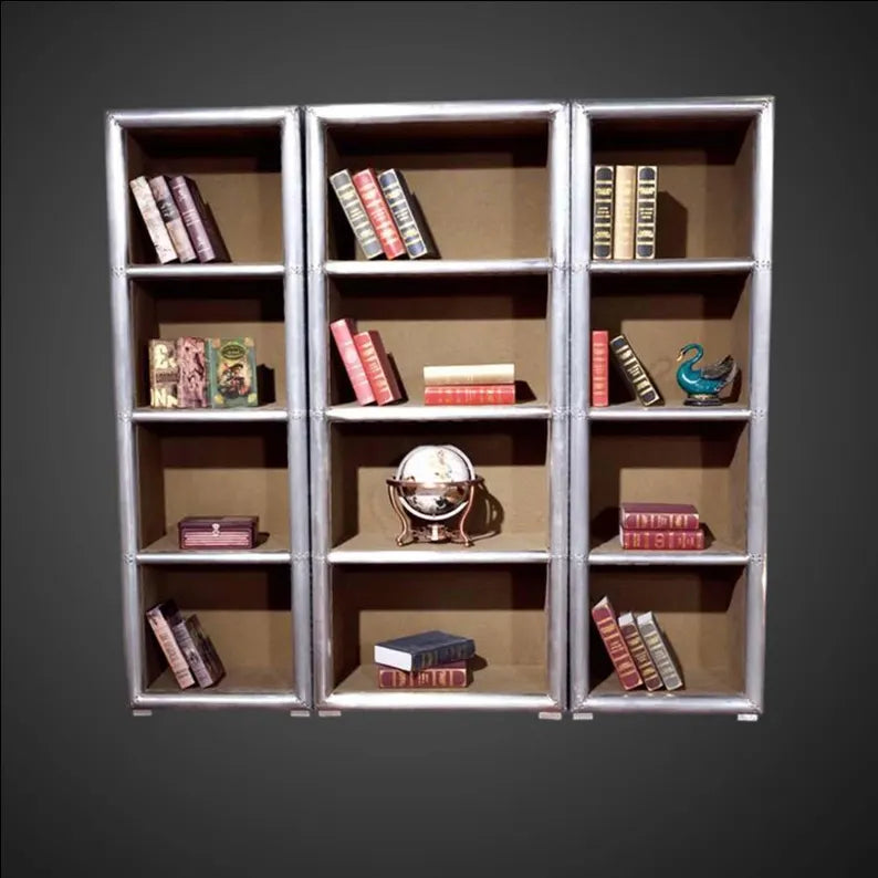 Aviator Aluminum Bookshelf - Industrial Riveted Metal 12-Shelf Bookcase - Vintage Aircraft Inspired Display Unit - Executive Office Decor