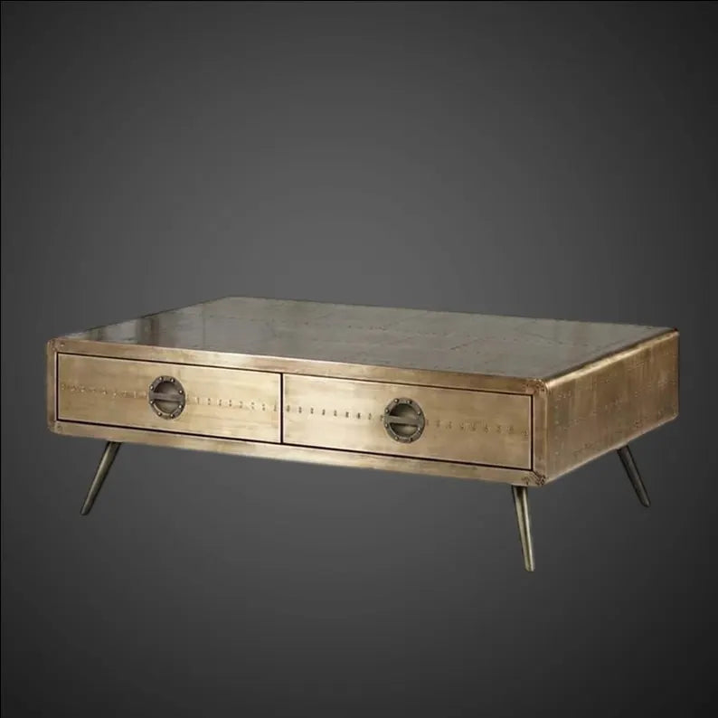 Antique Brass Aviator Coffee Table with 2 Drawers - Industrial Spitfire Storage Table - Riveted Patchwork Metal Center Table For Home Office (Copy)