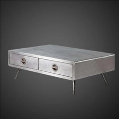 Aviator Coffee Table with 2 Drawers - Industrial Spitfire Aluminum Patchwork Storage Table - Riveted Metal Aviation Style Center Table
