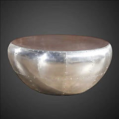 Round Aviator Coffee Table - Riveted Aluminum Drum Table - Industrial Mid-Century Modern Metal Centerpiece