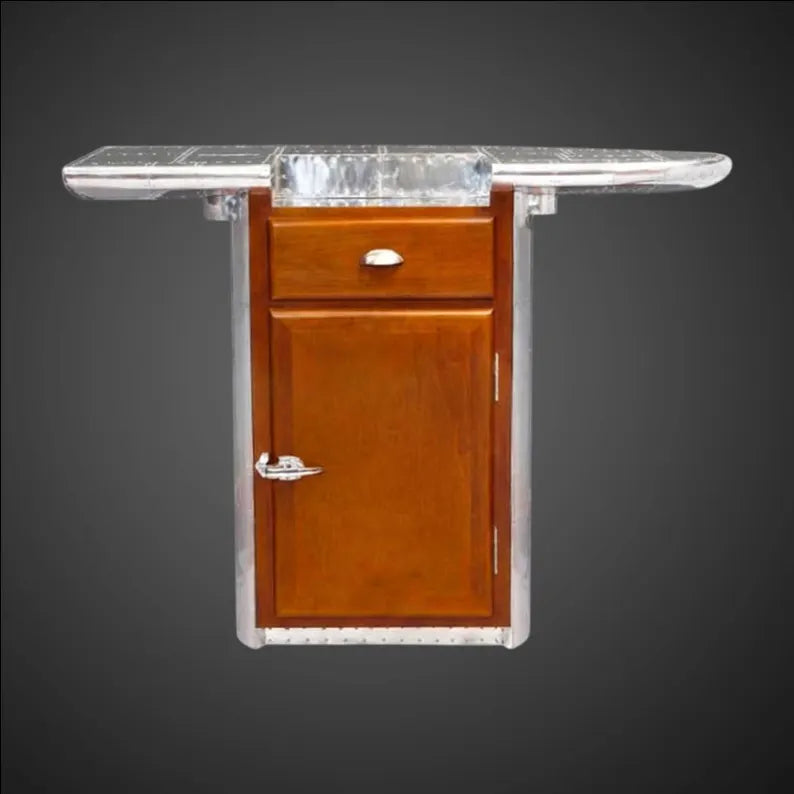 Aviator Wing Bar Table - Industrial Aluminum & Wood Bar Cabinet with Storage - Hand-Riveted Drinks Station - Aviation Inspired Furniture