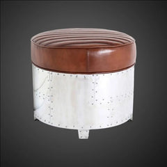 Aviator Leather Ottoman Stool – Industrial Round Seat with Hand-Riveted Aluminum – Vintage Aircraft Pouf – Metal Side Chair for Living Room