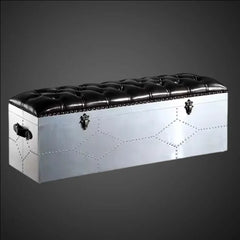 Aviator Industrial Storage Bench – Tufted Leather & Riveted Aluminum Trunk Ottomon – Aircraft Inspired Entryway Seating Trunk