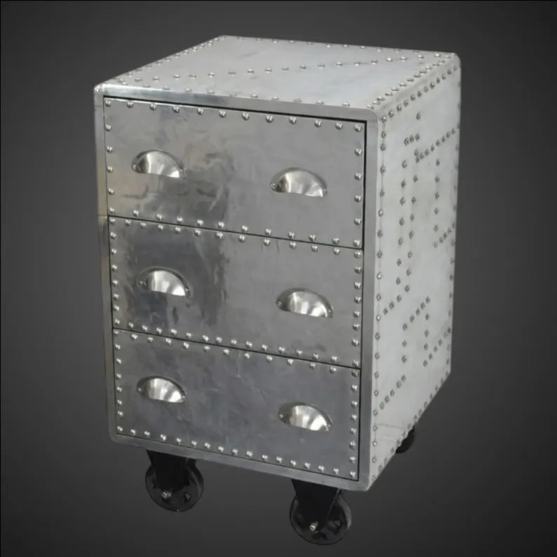 Industrial Aviator Nightstand, Riveted Aluminum Bedside Chest, Steampunk 3-Drawer Cabinet, Aircraft Metal Furniture, Rolling End Table