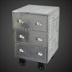 Industrial Aviator Nightstand, Riveted Aluminum Bedside Chest, Steampunk 3-Drawer Cabinet, Aircraft Metal Furniture, Rolling End Table