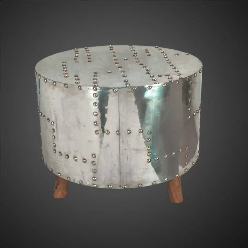 Aviator Coffee Table Aluminum Riveted Patchwork End Table, Industrial Spitfire Style Round Side Table, Aviation Inspired Handmade Furniture