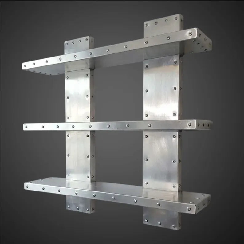 Aviator Wall Shelf - Industrial Riveted Aluminum Bookshelf - Modern Aircraft Style 3-Tier Floating Shelves - Metal Wall Decor Storage