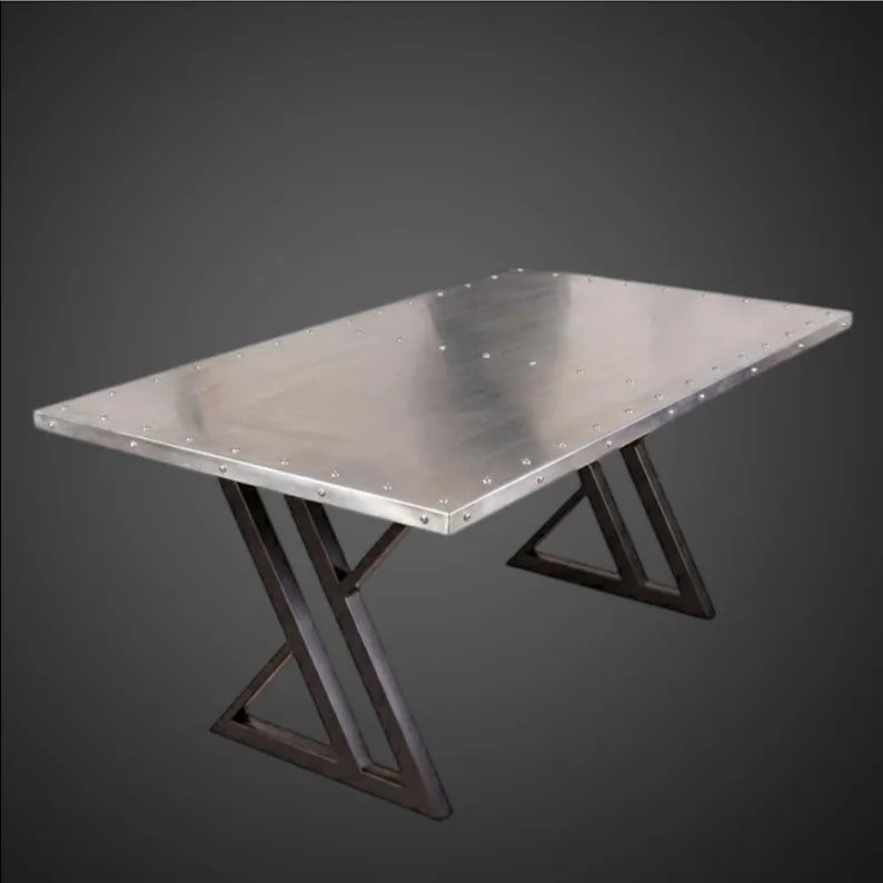Aviator Industrial Coffee Table  – Riveted Aluminum Executive Office Table with Z-Shaped Metal Legs - Aircraft Spitfire Desk for Home Office or Loft