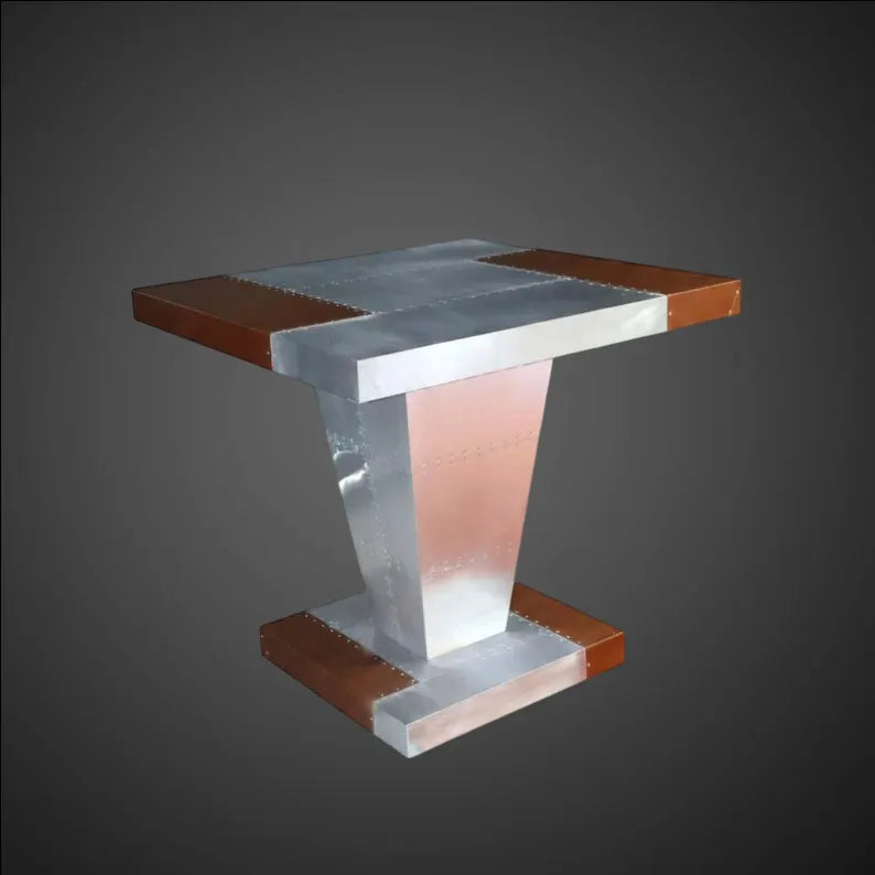 Aviation-Inspired Riveted Aluminum High-Top Table - Modern Industrial Pedestal Bar Table - Metal Patchwork Design