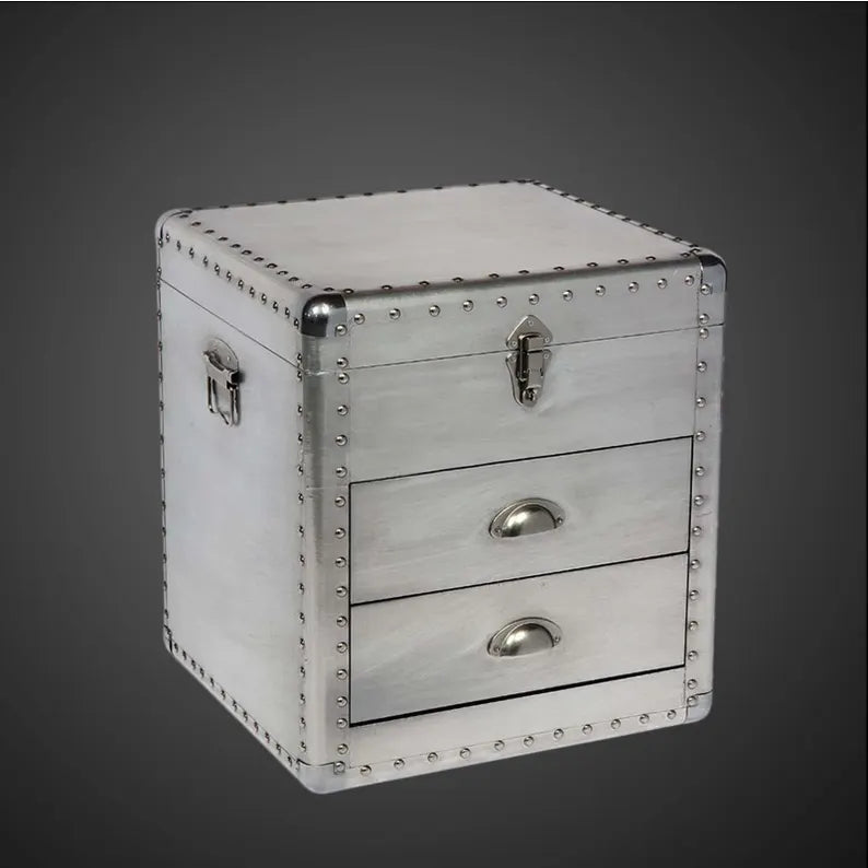 Aviator Aluminum Riveted Trunk Chest - Industrial Tall Side Table with 2 Drawers & Top Storage - Vintage Flight-Inspired Accent Cabinet