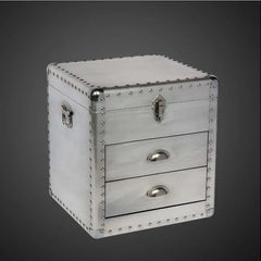 Aviator Aluminum Riveted Trunk Chest - Industrial Tall Side Table with 2 Drawers & Top Storage - Vintage Flight-Inspired Accent Cabinet