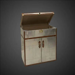 Aviator Aluminum Riveted Home Bar Cabinet - Industrial Wine Credenza with Bottle Rack & Glass Storage - Vintage Flight-Inspired Bar Trunk
