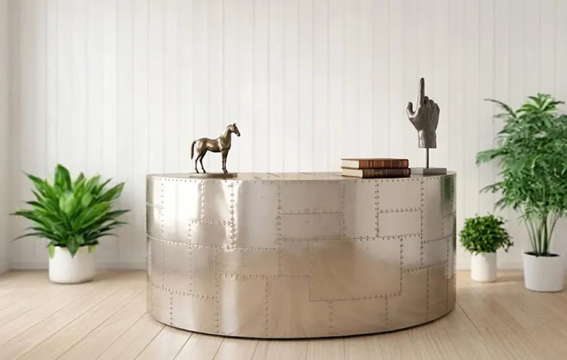 Aviator Round Aluminum Executive Coffee Table - Industrial Curved Riveted Office Coffee Table - Silver Metal  - Luxury