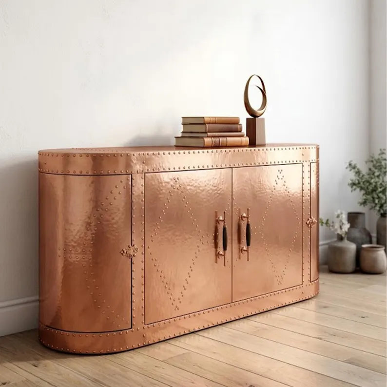 Aviator Sideboard Copper Finish - Hand-Riveted Industrial Metal Credenza & Media Console - Vintage Aircraft Inspired Living Room Furniture
