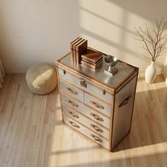 Aviator Aluminum 5-Drawer Tallboy Chest - Industrial Luggage Style Dresser with Leather Trim - Vintage Flight-Inspired Storage Trunk