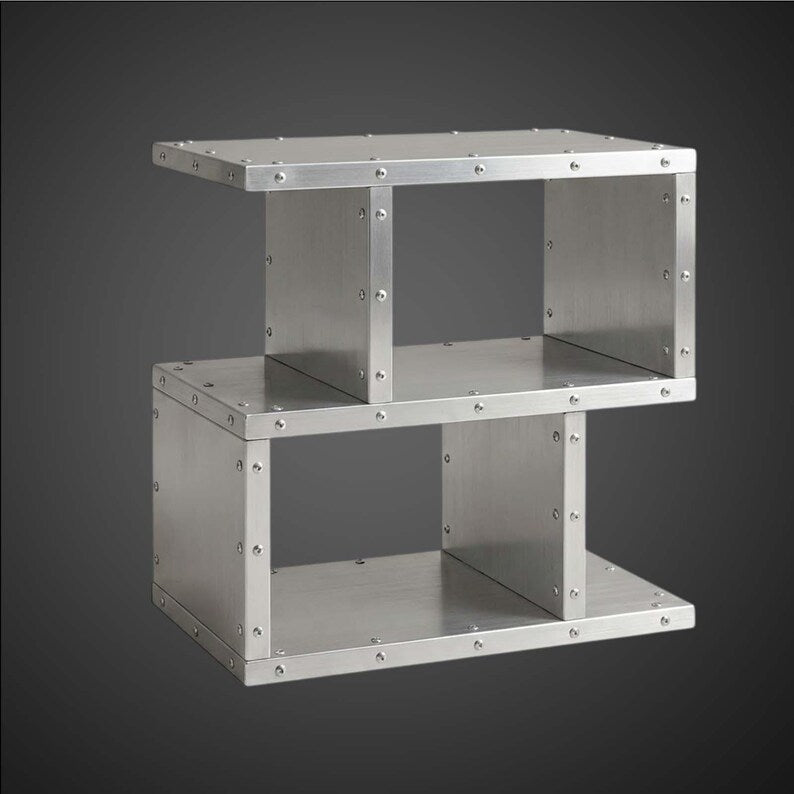 Aviator S-Shape Side Table - Riveted Aluminum Industrial Nightstand - Mid Century Modern Aircraft End Table - Metal Accent Bookshelf
