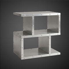 Aviator S-Shape Side Table - Riveted Aluminum Industrial Nightstand - Mid Century Modern Aircraft End Table - Metal Accent Bookshelf