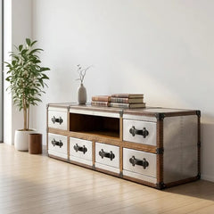 Aviator TV Stand, Riveted Aluminum Media Console, Industrial Entertainment 6-Drawer Metal Unit, Aviation Inspired Living Room Furniture