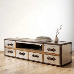 Aviator TV Stand, Riveted Aluminum Media Console, Industrial Entertainment 6-Drawer Metal Unit, Aviation Inspired Living Room Furniture