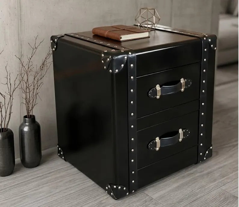 Black Aviator Nightstand, Industrial 2 Drawer Side Table, Riveted Trunk Chest, Steampunk Bedside Storage, Black Metal Flight Case Furniture