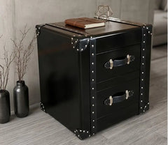 Black Aviator Nightstand, Industrial 2 Drawer Side Table, Riveted Trunk Chest, Steampunk Bedside Storage, Black Metal Flight Case Furniture