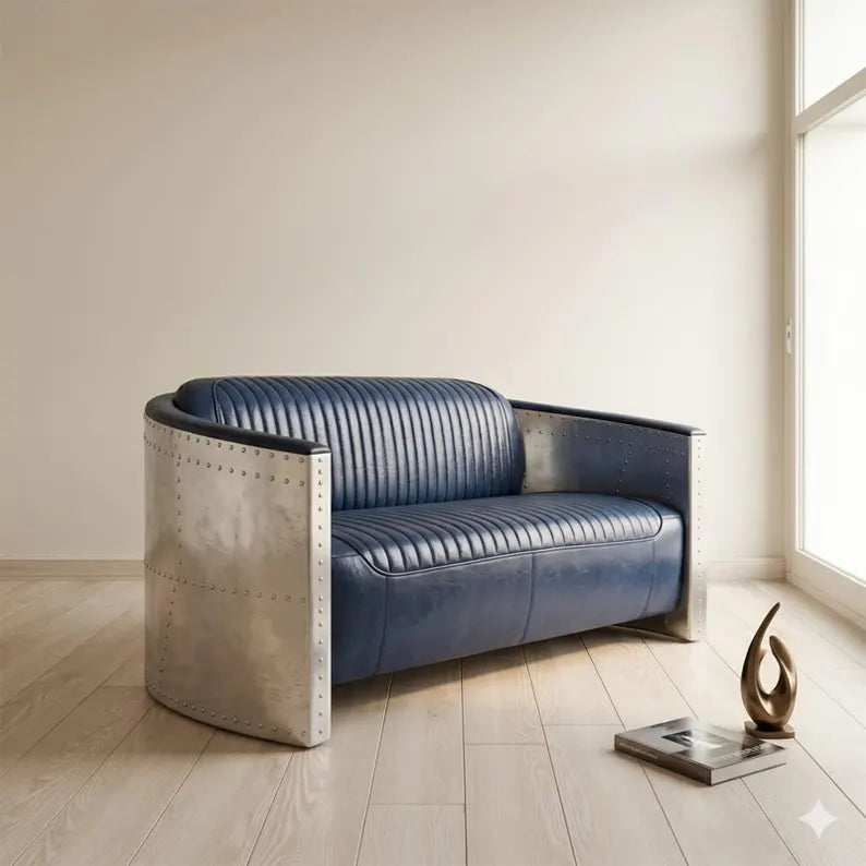 Aviator Style 2-Seater Couch, Hand-Riveted Polished Aluminum & Blue Leather Sofa, Industrial Retro Mid-Century Loveseat