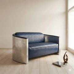 Aviator Style 2-Seater Couch, Hand-Riveted Polished Aluminum & Blue Leather Sofa, Industrial Retro Mid-Century Loveseat
