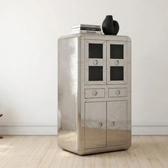 Industrial Aluminum Storage Cabinet – Riveted Metal Tall Bar Cabinet with Glass Display Doors & Drawers
