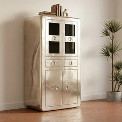 Industrial Aluminum Storage Cabinet – Riveted Metal Tall Bar Cabinet with Glass Display Doors & Drawers