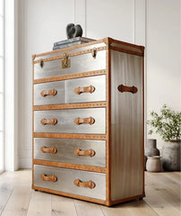 Aviator Aluminum 5-Drawer Tallboy Chest - Industrial Luggage Style Dresser with Leather Trim - Vintage Flight-Inspired Storage Trunk