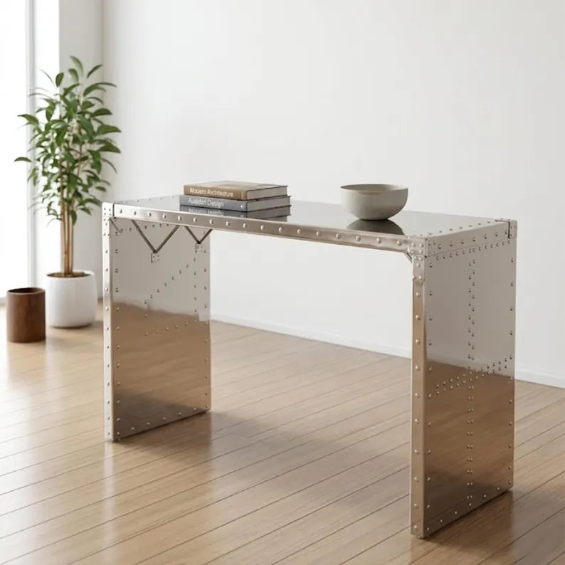 Aviator Aluminum Wing Desk - Industrial Hand-Riveted Office Table - Silver Metal Executive Desk