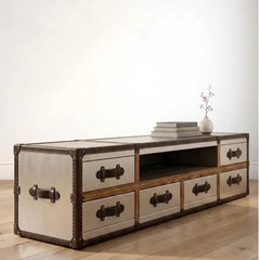 Aviator TV Stand, Riveted Aluminum Media Console, Industrial Entertainment 6-Drawer Metal Unit, Aviation Inspired Living Room Furniture