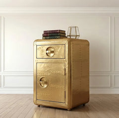 Aviator Nightstand - Riveted Brass Finish Side Table with Drawer - Vintage Aircraft Industrial Bedside Cabinet - Spitfire Luxury End Table