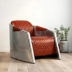 Aviator Industrial Riveted Aluminum Tomcat Chair - Vintage Aircraft Style Quilted Leather Armchair - Polished Metal Aero Club Chair