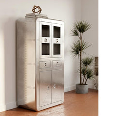 Industrial Aluminum Storage Cabinet – Riveted Metal Tall Bar Cabinet with Glass Display Doors & Drawers
