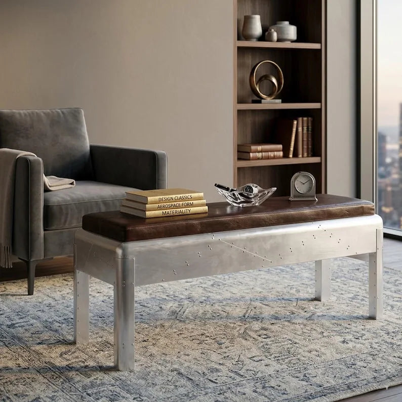 Aviator Wing Aluminum Bench with Brown Leather Seat | Industrial Accent Bench | Aluminum Aircraft-Inspired Furniture