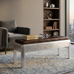 Aviator Wing Aluminum Bench with Brown Leather Seat | Industrial Accent Bench | Aluminum Aircraft-Inspired Furniture