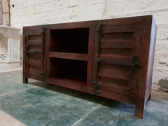 Indian Furniture Handmade Carved Solid Hard Wood 2 Doors Tv Unit Entertainment Unit Brown 130x45x65Cm