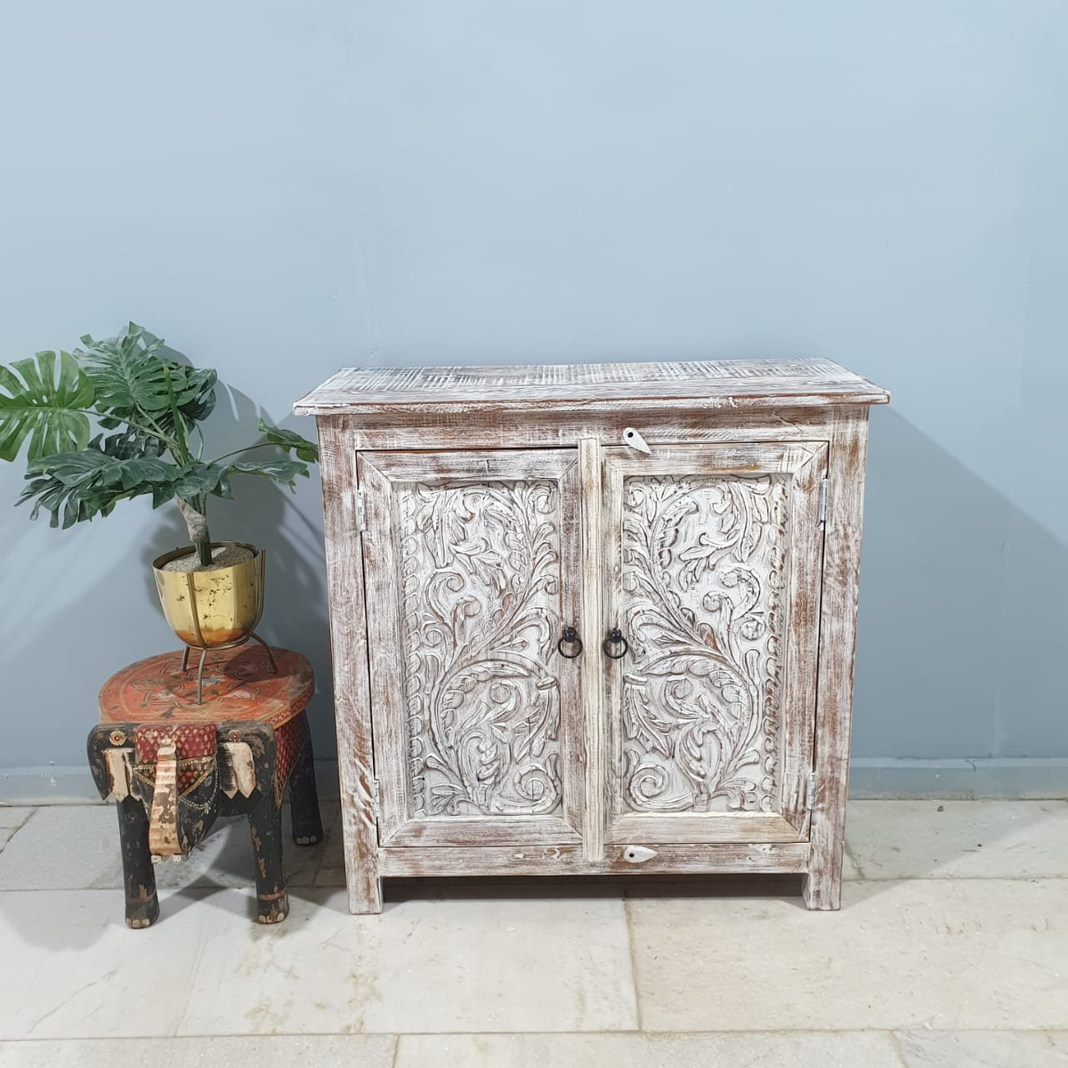 Handmade Indian Furniture Solid Hard Wood Carved 2 Doors Cabinet Whitewash 90x40x90Cm