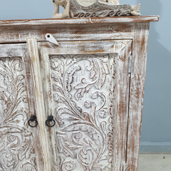 Handmade Indian Furniture Solid Hard Wood Carved 2 Doors Cabinet Whitewash 90x40x90Cm