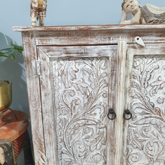 Handmade Indian Furniture Solid Hard Wood Carved 2 Doors Cabinet Whitewash 90x40x90Cm