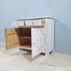 Handmade Indian Furniture Solid Hard Wood Carved 2 Doors and 2 Drawers Sideboard All White 100x40x90Cm