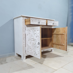 Handmade Indian Furniture Solid Hard Wood Carved 2 Doors and 2 Drawers Sideboard All White 100x40x90Cm