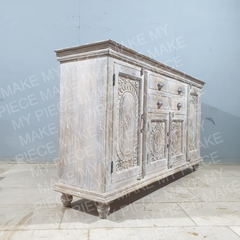 CAROL Antique Indian Mandala Hand Carved Solid Wooden Sideboard Whitewash