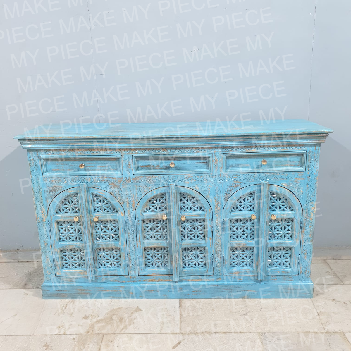 NAMASTE MAITLAND Carved 6 Door Water Station With 3 Drawers Sideboard Blue