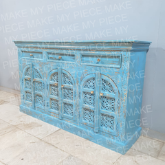 NAMASTE MAITLAND Carved 6 Door Water Station With 3 Drawers Sideboard Blue