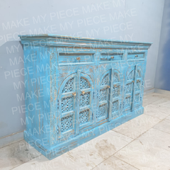 NAMASTE MAITLAND Carved 6 Door Water Station With 3 Drawers Sideboard Blue