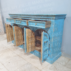 NAMASTE MAITLAND Carved 6 Door Water Station With 3 Drawers Sideboard Blue